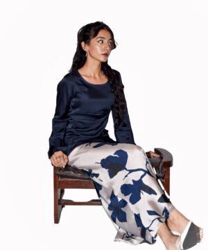 Plain Silk Top With Bell Sleeves and Side Pleats With A Printed Silk Skirt