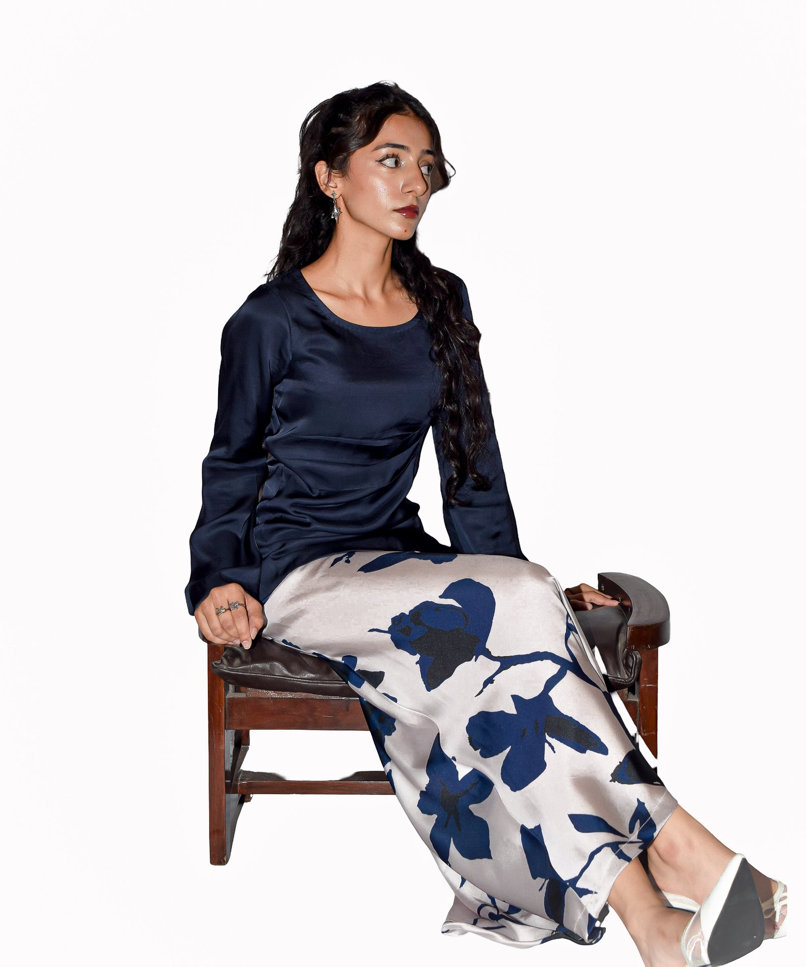 Plain Silk Top With Bell Sleeves and Side Pleats With A Printed Silk Skirt