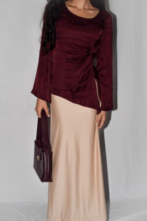 Dark Maroon/Burgundy Silk Shirt -Jersey Silk Golden-Beige Skirt