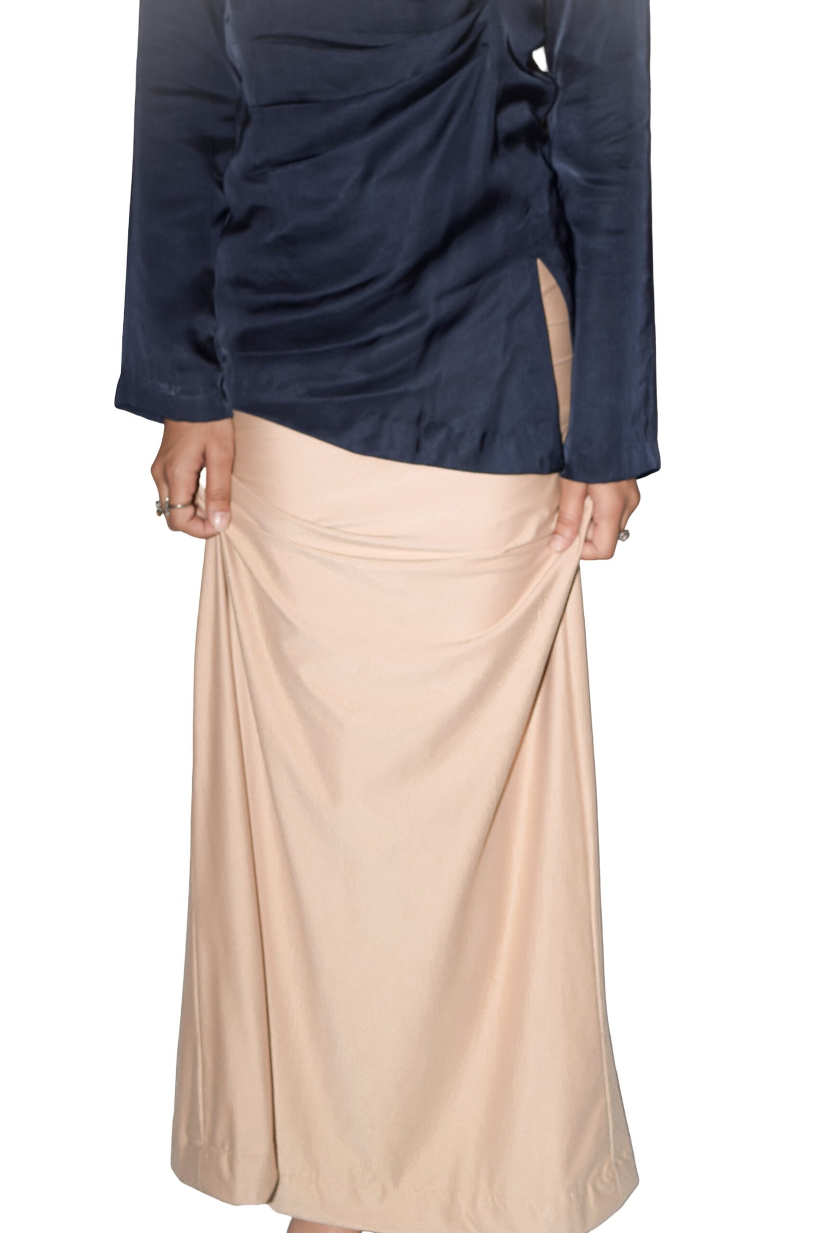 Plain Silk Top With Bell Sleeves and Side Pleats With A Jersey Silk Skirt - Image 2