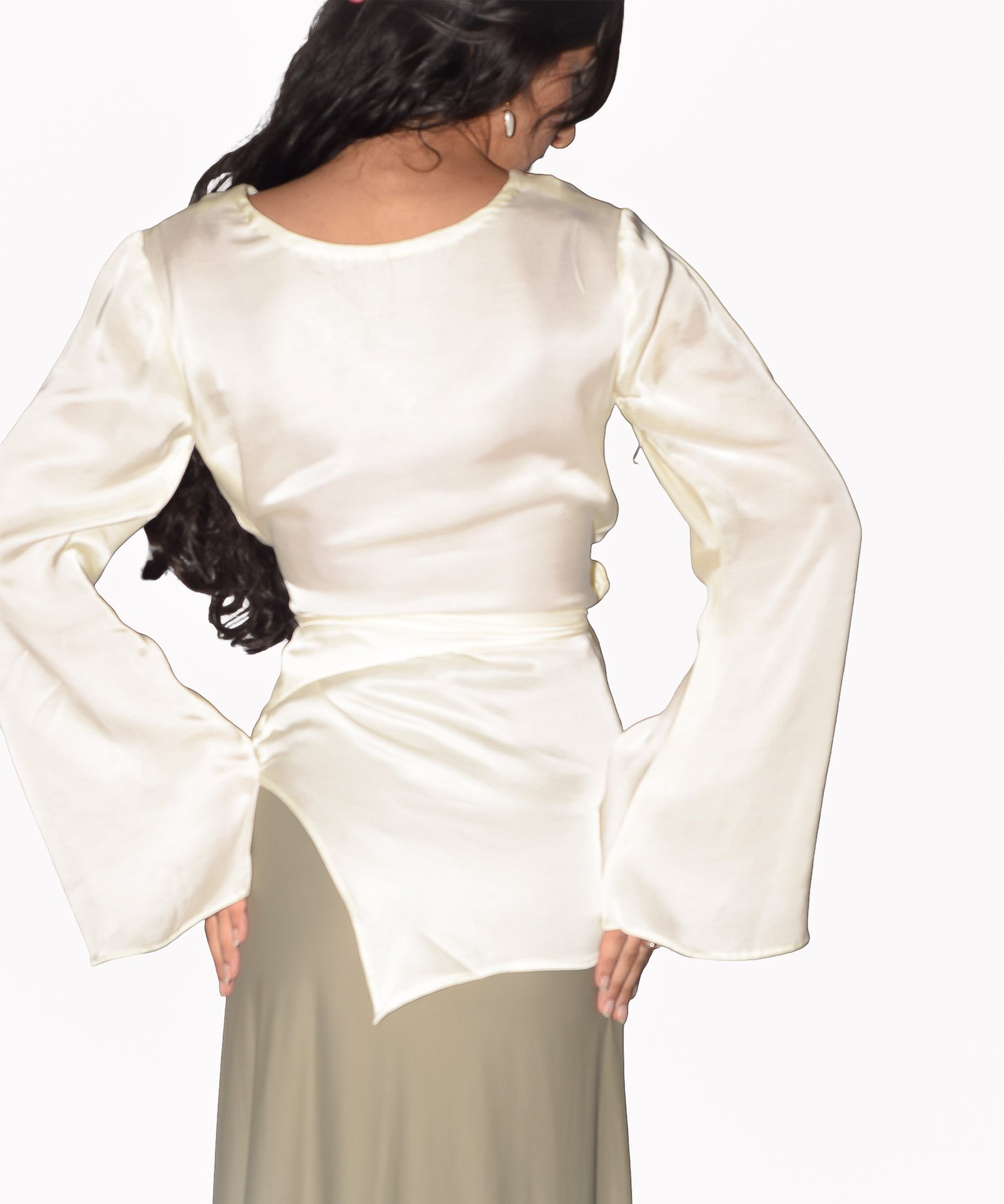 Silk Shirt With Bell Sleeves and a Tightening Knot With a Mint Green Skirt - Image 3