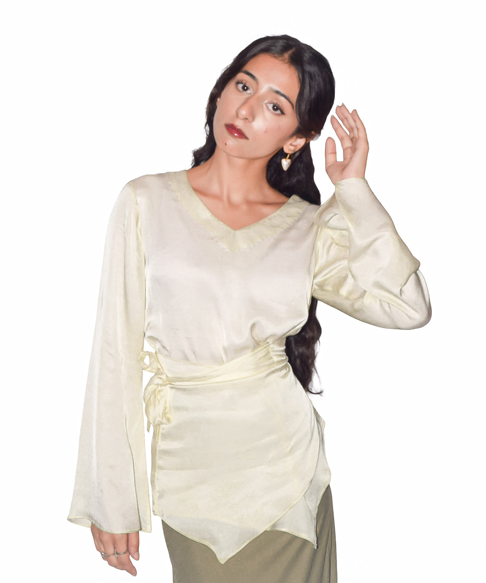 Silk Shirt With Bell Sleeves and a Tightening Knot With a Mint Green Skirt - Image 2