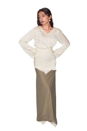 Silk Shirt With Bell Sleeves and a Tightening Knot With a Mint Green Skirt