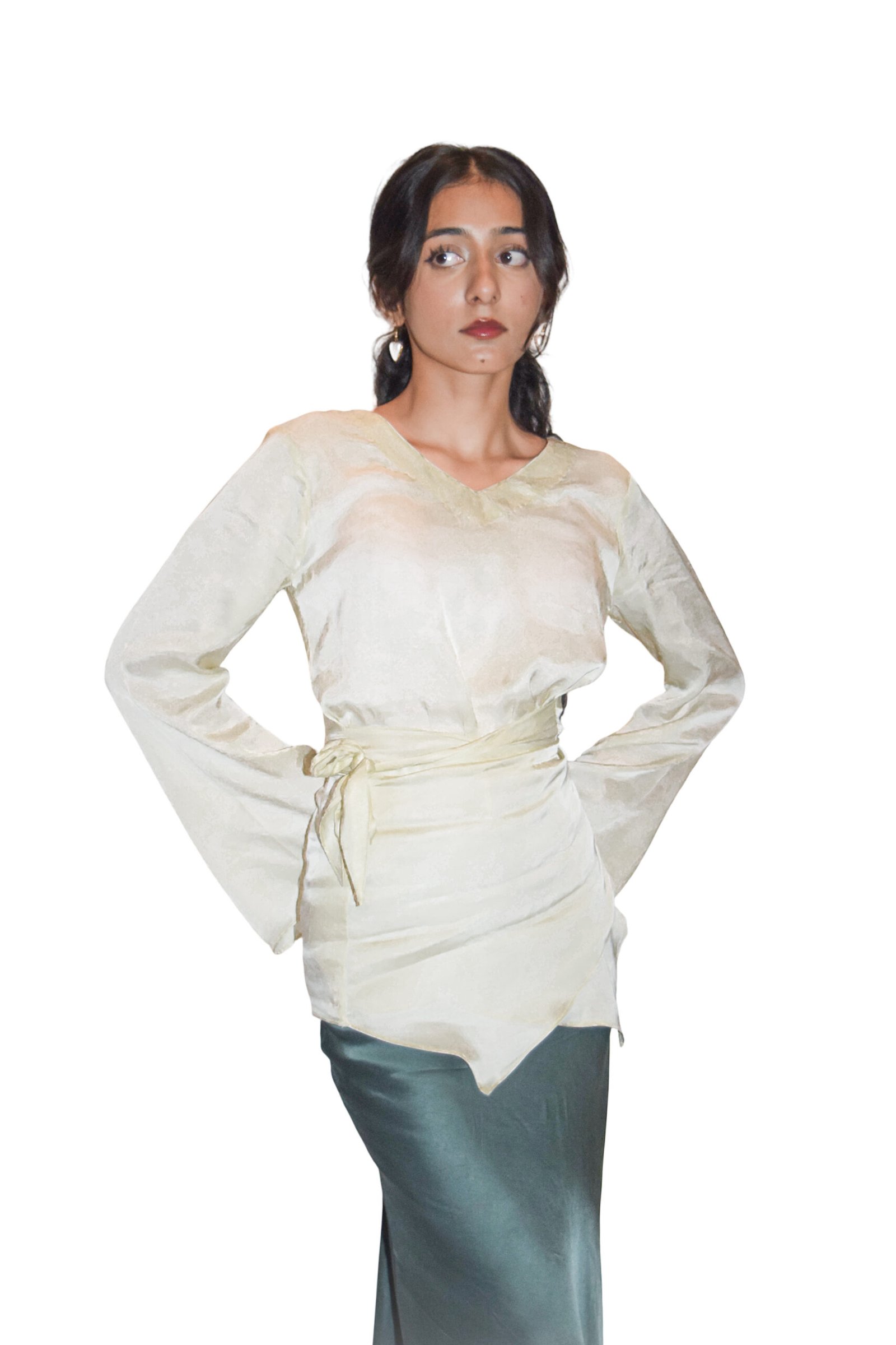 Silk Shirt With Bell Sleeves and a Tightening Knot With an Emerald Green Skirt - Image 2